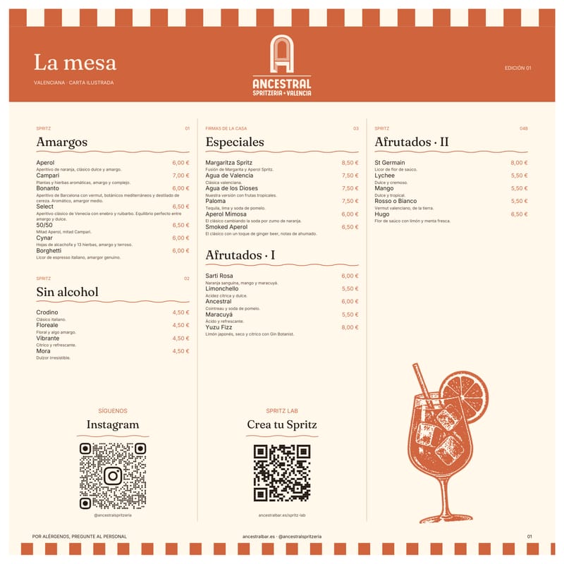 Página 1 de la carta impresa «La mesa» de Ancestral Spritzeria, con spritz amargos, especiales, afrutados y sin alcohol.