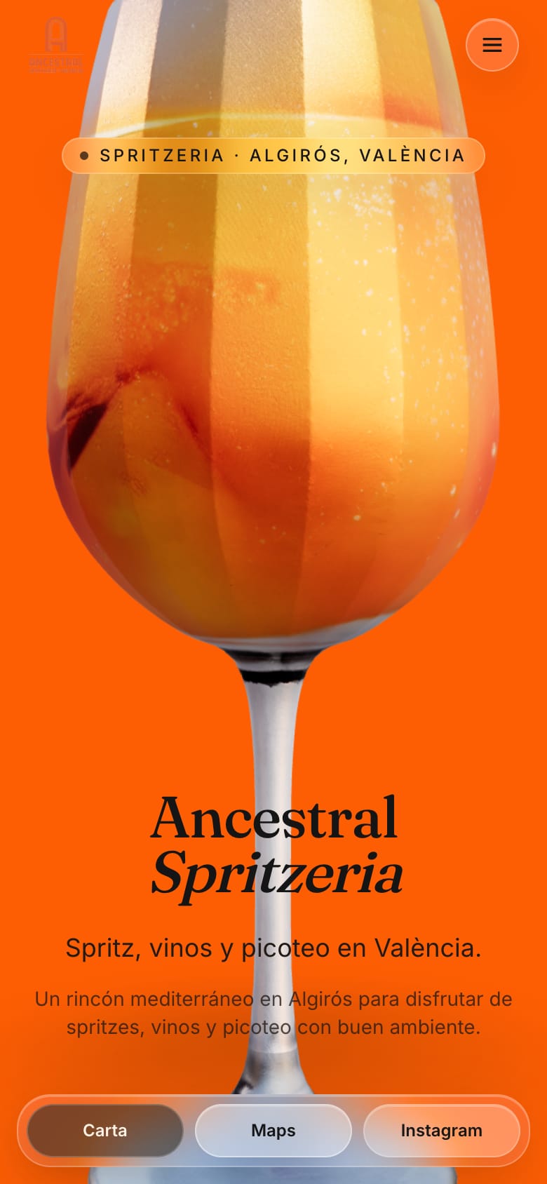 Portada de ancestralbar.es en móvil, con botones de acceso a la carta, Maps e Instagram.