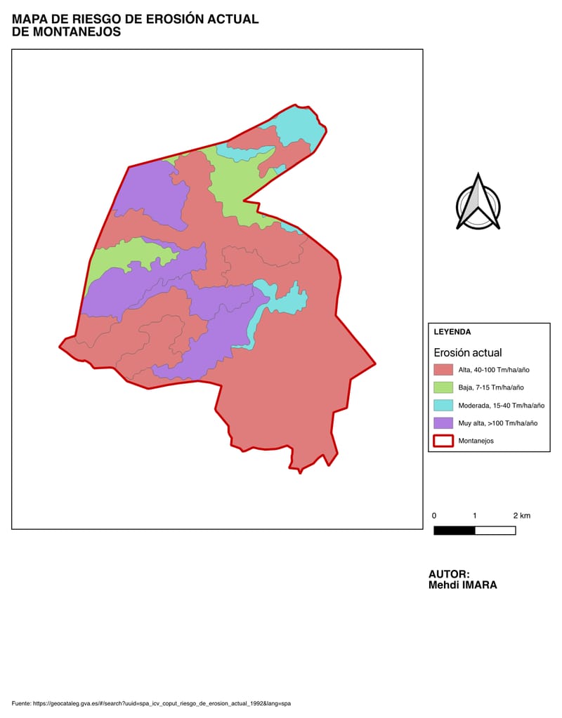 Mapa de riesgo de erosión actual de Montanejos, con clases de erosión en toneladas por hectárea y año.