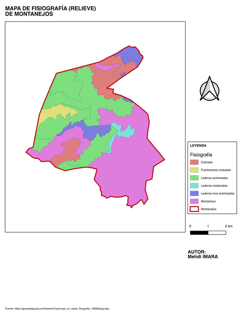 Mapa de fisiografía de Montanejos con las clases de relieve diferenciadas por colores.