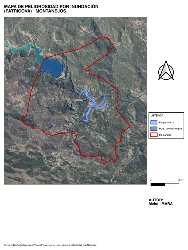 Mapa de Montanejos sobre ortofoto con las zonas de peligrosidad por inundación del PATRICOVA y el límite municipal en rojo.