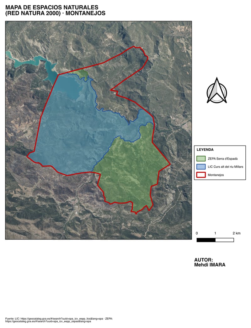 Mapa de Montanejos sobre ortofoto con los espacios Red Natura 2000 (ZEPA y LIC) diferenciados por color.