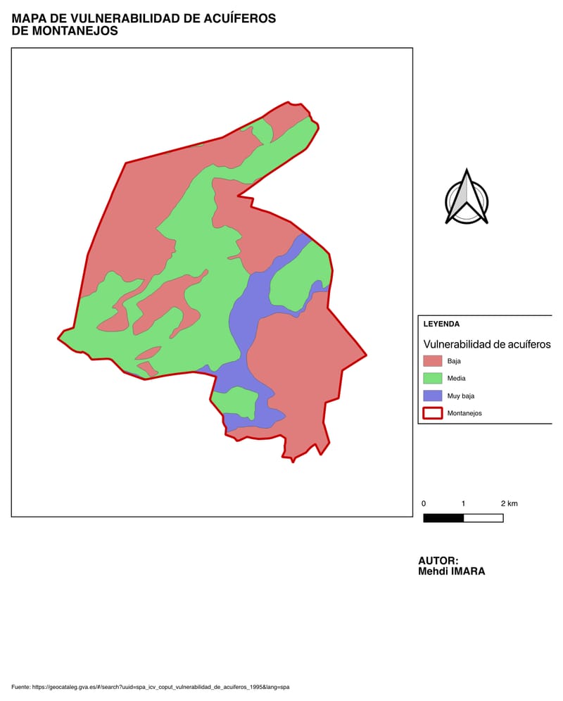Mapa de vulnerabilidad de acuíferos de Montanejos con tres clases de vulnerabilidad.