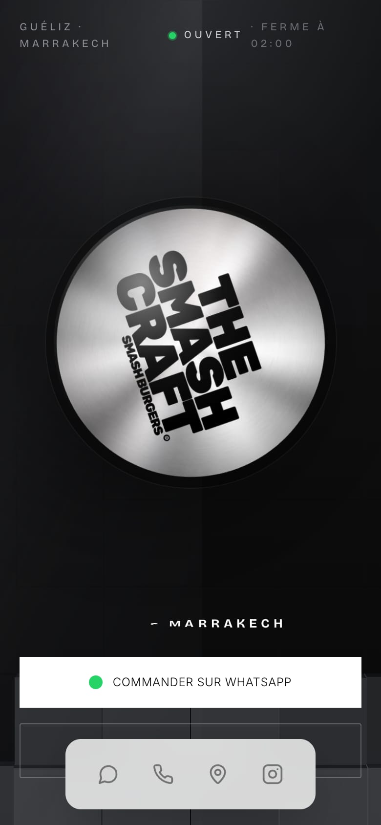 Portada de thesmashcraft.ma en móvil, con el disco de acero y el botón de pedido por WhatsApp.