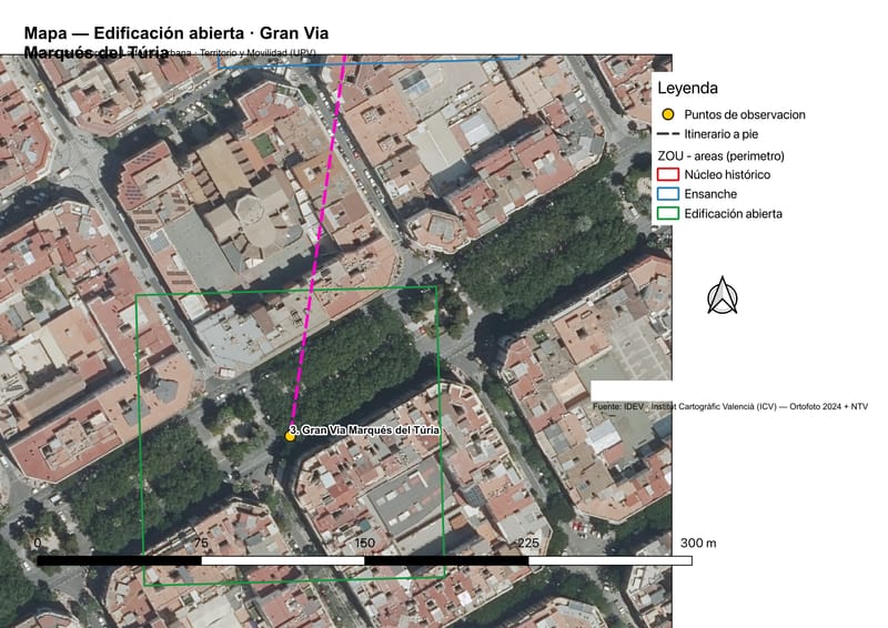 Mapa sobre ortofoto de la zona de edificación abierta en la Gran Via Marquès del Túria.