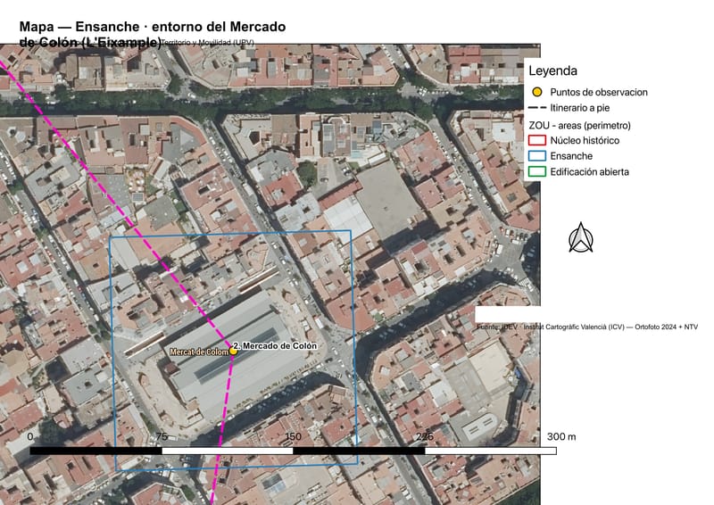 Mapa sobre ortofoto de la zona de ensanche en el entorno del Mercado de Colón.