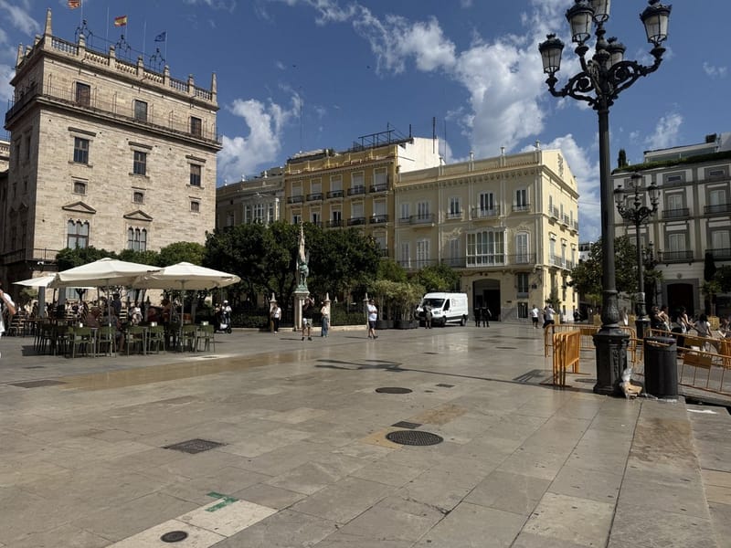 Fotografía de campo: plaza peatonal del centro histórico con edificios históricos y terrazas.