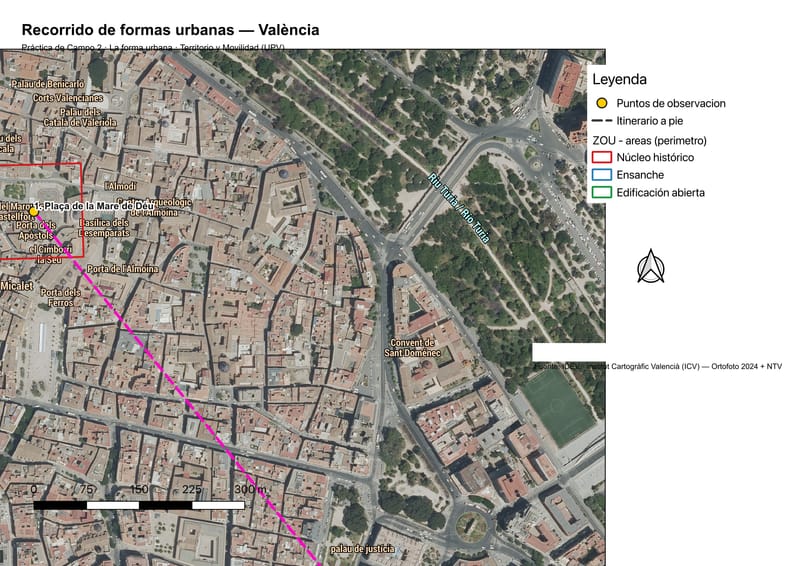 Mapa general sobre ortofoto con el itinerario a pie que enlaza las tres zonas de estudio.