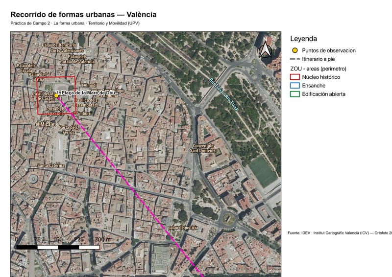 Lámina «Recorrido de formas urbanas — València» con ortofoto, puntos de observación, itinerario a pie y leyenda de las tres zonas.