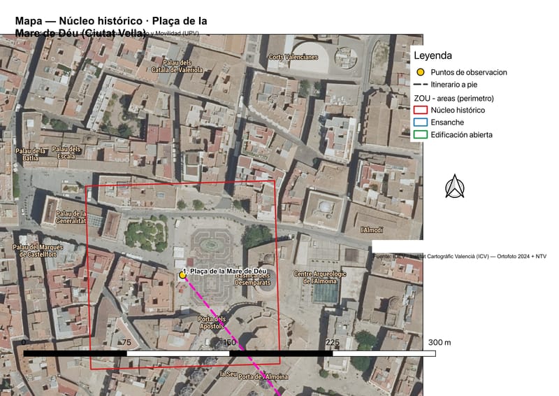Mapa sobre ortofoto de la zona de núcleo histórico en la Plaça de la Mare de Déu.